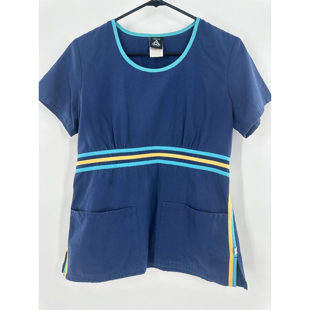 Cherokee Studio Navy Blue Scoop Neck Empire Waist Teal Yellow Striped Scrub Sz S
